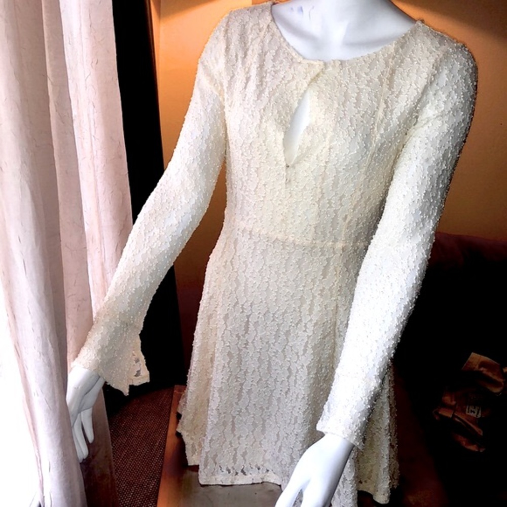 Free People Mesh Lace Bell Sleeve Mini Dress - Size S